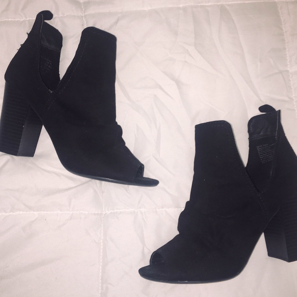 black open toed high brash heels